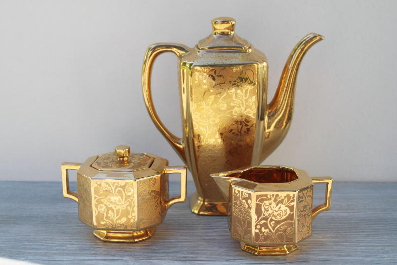 photo of art deco vintage encrusted gold chintz poppy floral china coffee pot, cream sugar set #1