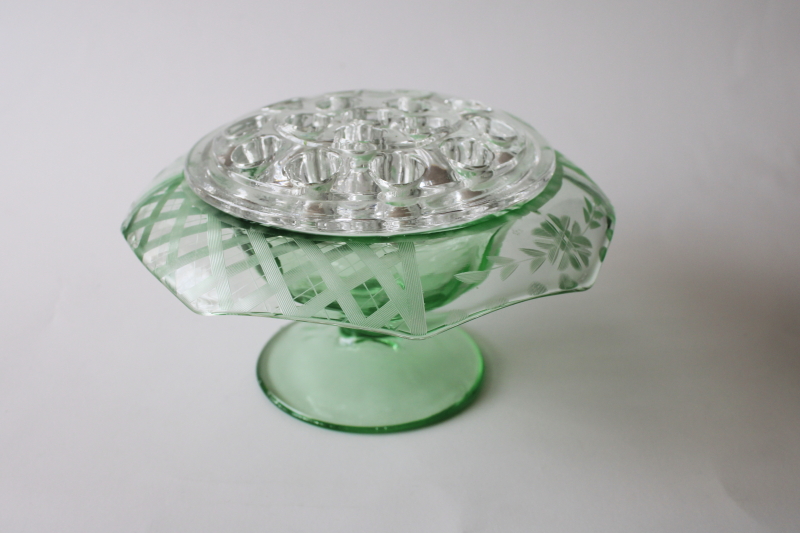 photo of art deco vintage etched octagon green depression glass bowl w/ flower frog insert #1