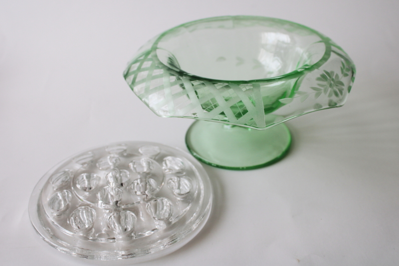 photo of art deco vintage etched octagon green depression glass bowl w/ flower frog insert #2
