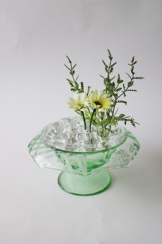photo of art deco vintage etched octagon green depression glass bowl w/ flower frog insert #3