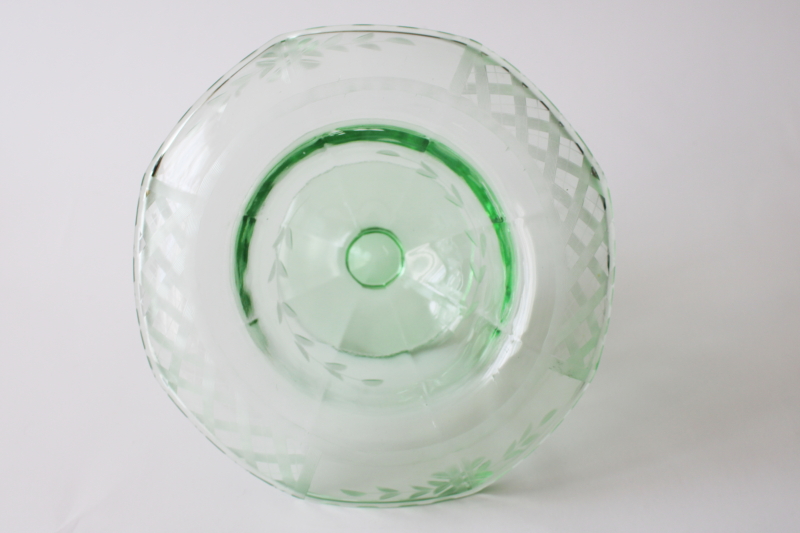 photo of art deco vintage etched octagon green depression glass bowl w/ flower frog insert #4
