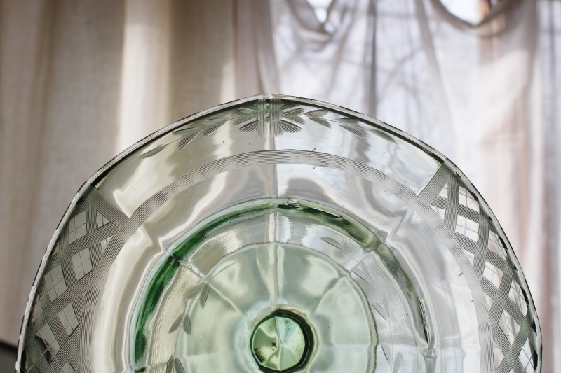 photo of art deco vintage etched octagon green depression glass bowl w/ flower frog insert #7