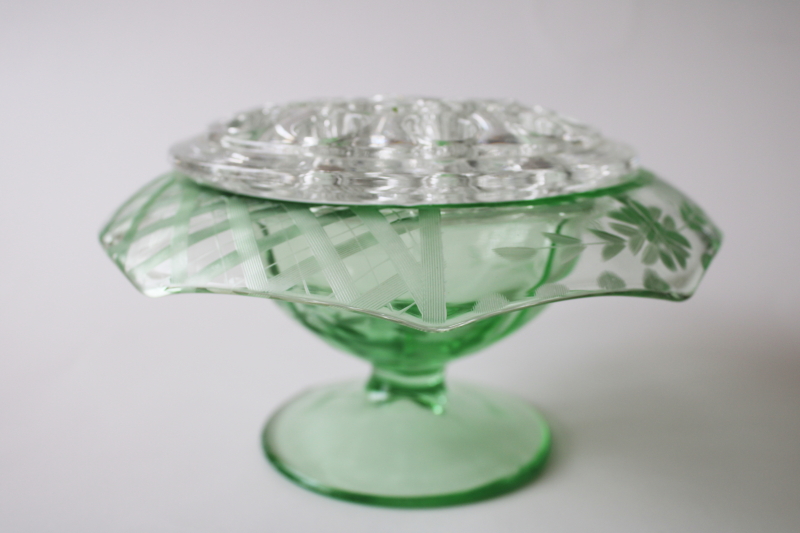 photo of art deco vintage etched octagon green depression glass bowl w/ flower frog insert #8