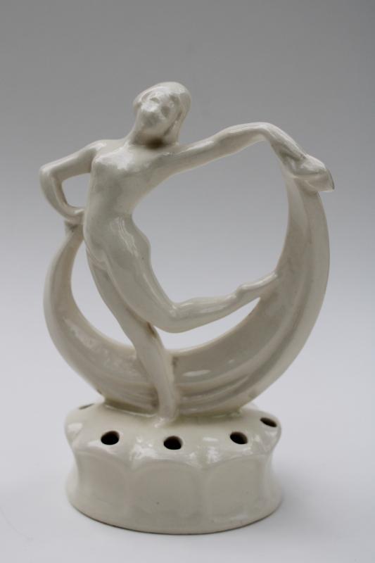 photo of art deco vintage figural flower frog, nude dancer lady white glazed art pottery #1