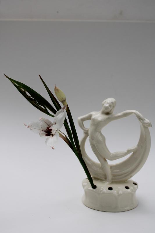 photo of art deco vintage figural flower frog, nude dancer lady white glazed art pottery #2