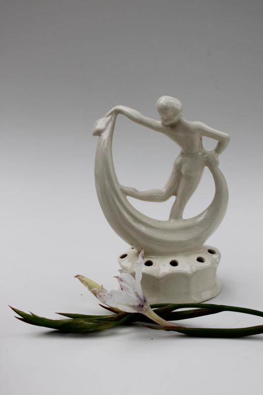 photo of art deco vintage figural flower frog, nude dancer lady white glazed art pottery #3