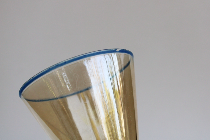 photo of art deco vintage footed tumblers, small cocktail liqueur glasses golden peach luster glass w/ blue  #2