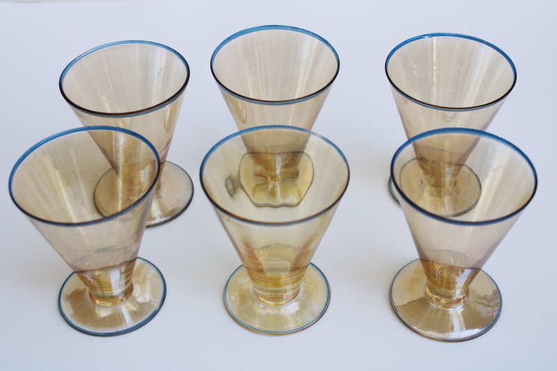 photo of art deco vintage footed tumblers, small cocktail liqueur glasses golden peach luster glass w/ blue  #3
