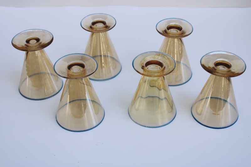 photo of art deco vintage footed tumblers, small cocktail liqueur glasses golden peach luster glass w/ blue  #4