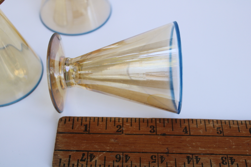 photo of art deco vintage footed tumblers, small cocktail liqueur glasses golden peach luster glass w/ blue  #5