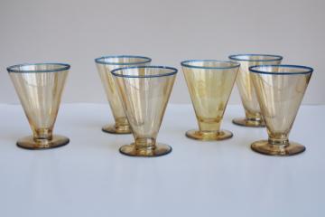 catalog photo of art deco vintage footed tumblers, small cocktail liqueur glasses golden peach luster glass w/ blue 