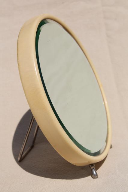 photo of art deco vintage french ivory celluloid mirror, small round vanity mirror w/ easel stand #1