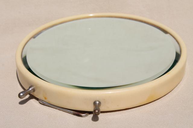 photo of art deco vintage french ivory celluloid mirror, small round vanity mirror w/ easel stand #3