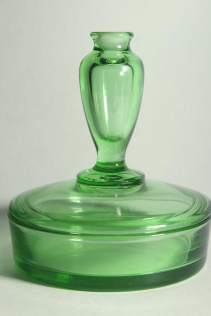 photo of art deco vintage glass powder box w/ perfume bottle on lid, 1930s green depression glass #1