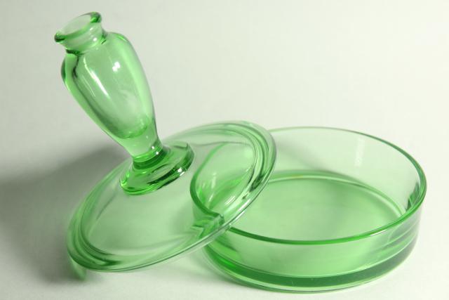 photo of art deco vintage glass powder box w/ perfume bottle on lid, 1930s green depression glass #2