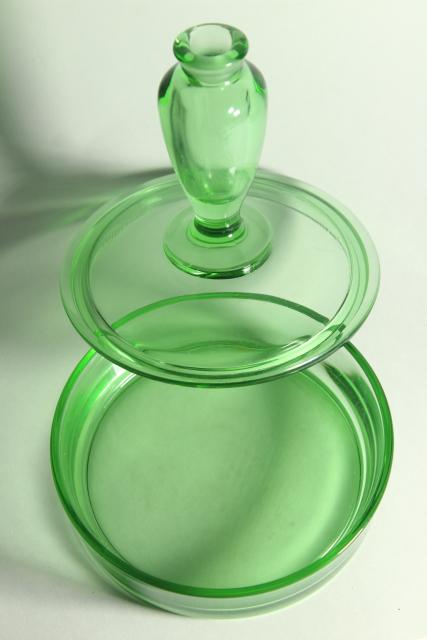 photo of art deco vintage glass powder box w/ perfume bottle on lid, 1930s green depression glass #3