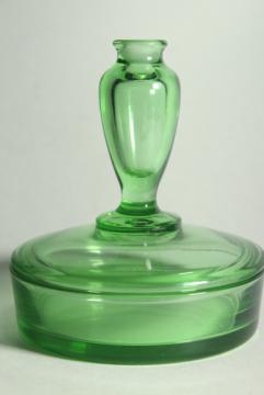 catalog photo of art deco vintage glass powder box w/ perfume bottle on lid, 1930s green depression glass