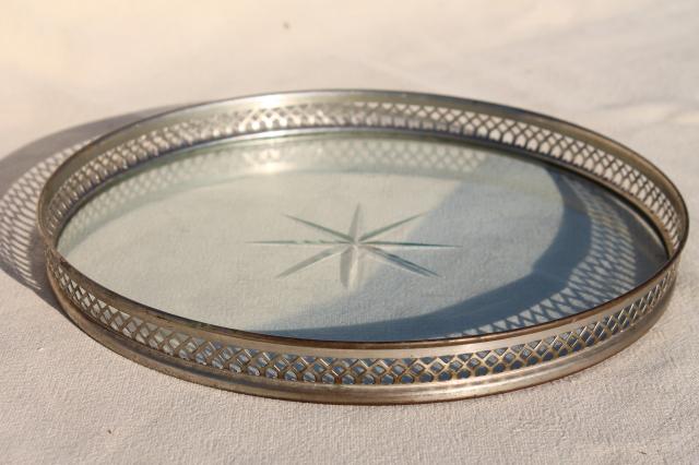 photo of art deco vintage glass tray or tea kettle trivet w/ nickel silver round frame #1