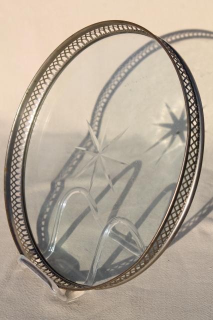 photo of art deco vintage glass tray or tea kettle trivet w/ nickel silver round frame #5