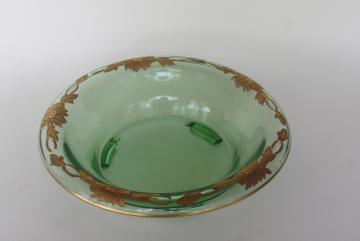 art deco vintage gold decorated green glass console bowl, Gatsby era table centerpiece