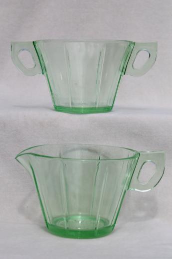 photo of art deco vintage green depression glass cream & sugar set w/ octagonal pattern #1