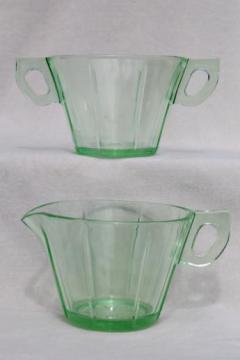 catalog photo of art deco vintage green depression glass cream & sugar set w/ octagonal pattern