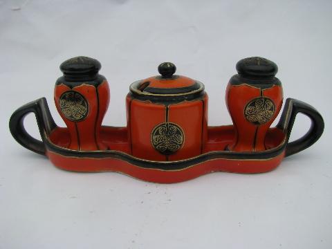 photo of art deco vintage hand painted Japan orange / black condiment set w/ salt & pepper, mustard jar #1