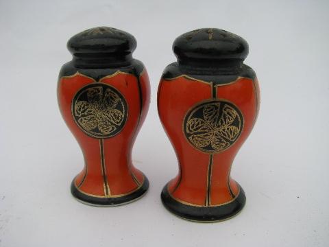 photo of art deco vintage hand painted Japan orange / black condiment set w/ salt & pepper, mustard jar #2