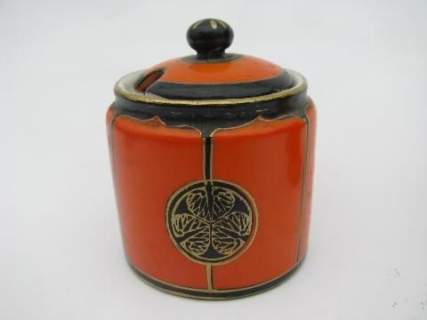 photo of art deco vintage hand painted Japan orange / black condiment set w/ salt & pepper, mustard jar #3