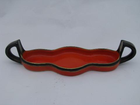 photo of art deco vintage hand painted Japan orange / black condiment set w/ salt & pepper, mustard jar #4