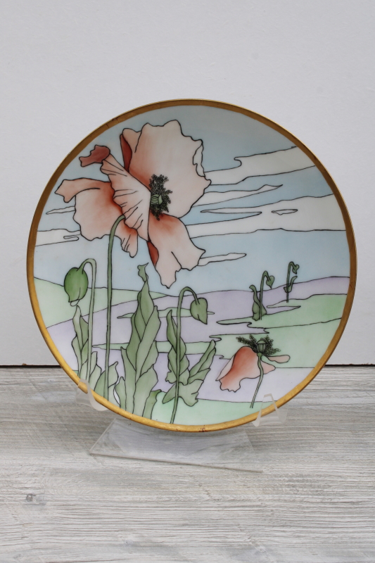 photo of art deco vintage hand painted china plate, poppies floral dated 1916 Titanic mark Austria #1