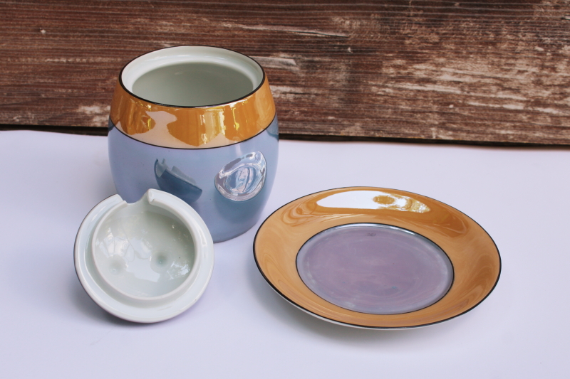 photo of art deco vintage hand painted luster china jam pot or sugar bowl w/ spoon notch lid #2