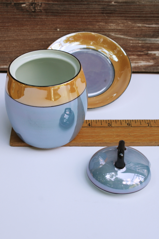 photo of art deco vintage hand painted luster china jam pot or sugar bowl w/ spoon notch lid #6