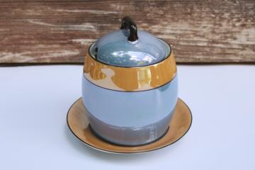 catalog photo of art deco vintage hand painted luster china jam pot or sugar bowl w/ spoon notch lid 