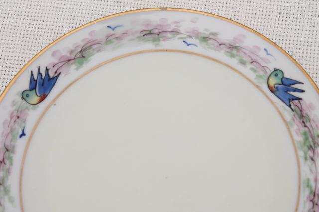 photo of art deco vintage hand painted porcelain plates w/ blue birds, antique bluebird china #3