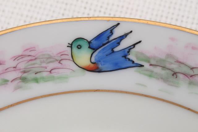 photo of art deco vintage hand painted porcelain plates w/ blue birds, antique bluebird china #4