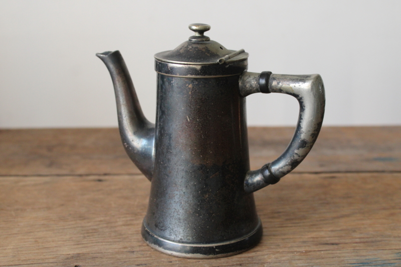 photo of art deco vintage hotel ware single serving coffee pot, worn antique silver plated metal #2