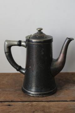 catalog photo of art deco vintage hotel ware single serving coffee pot, worn antique silver plated metal 