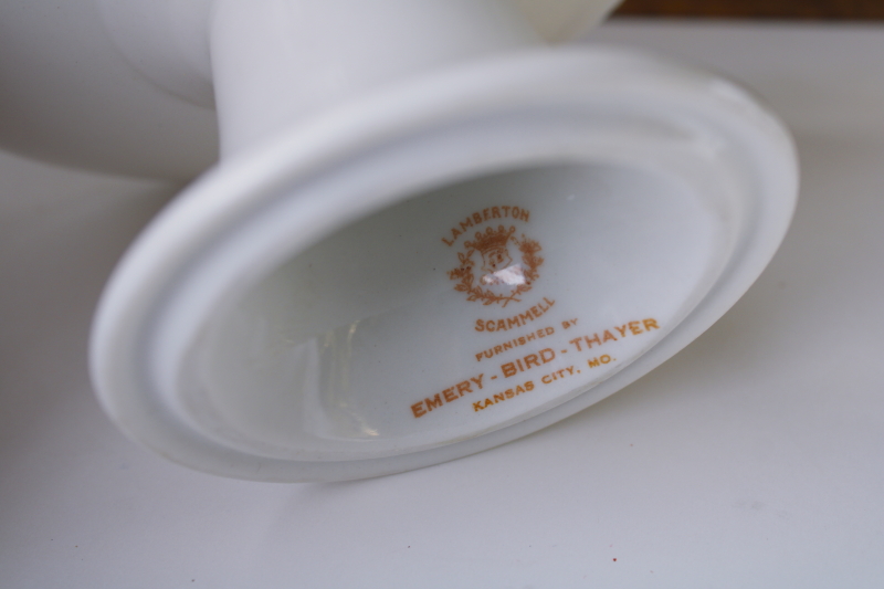 photo of art deco vintage ironstone china compote or bonbon dish, old gold chandelier pattern on white #3