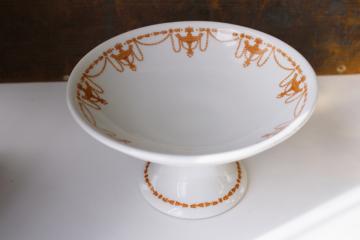 catalog photo of art deco vintage ironstone china compote or bonbon dish, old gold chandelier pattern on white 