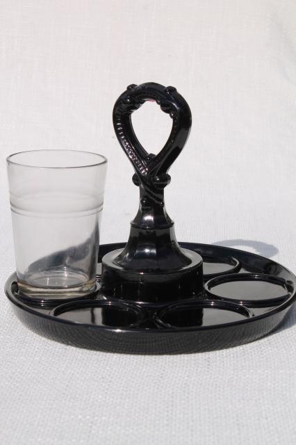 photo of art deco vintage jet black milk glass drink tray w/ center handle for tumblers or bottles #1