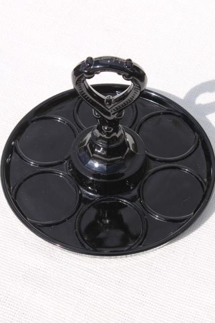 photo of art deco vintage jet black milk glass drink tray w/ center handle for tumblers or bottles #2