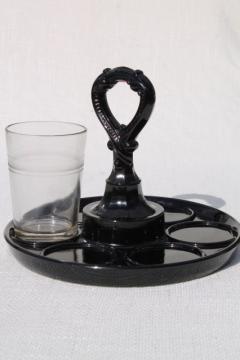 catalog photo of art deco vintage jet black milk glass drink tray w/ center handle for tumblers or bottles