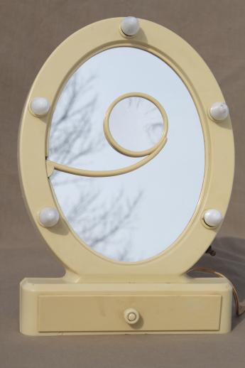 photo of art deco vintage lighted vanity mirror, french ivory celluloid stand w/ mirror & lights #7