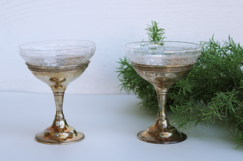 photo of art deco vintage marked sterling silver dessert dishes w/ pin etched glass coupe bowl inserts #1