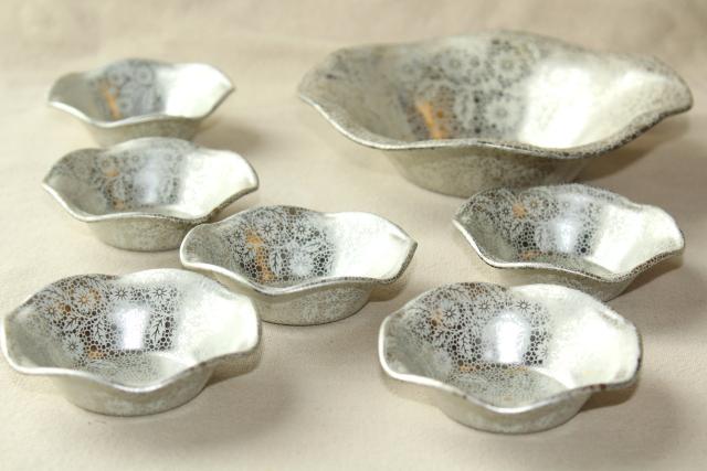 photo of art deco vintage metal nut dishes, small fluted bowls w/ silver chintz floral pattern #1