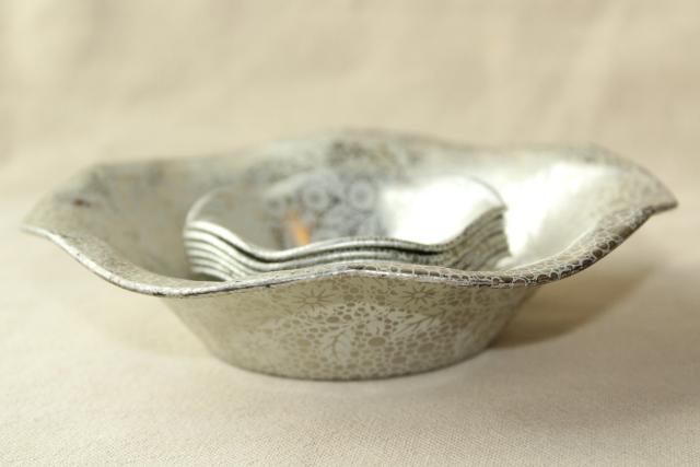 photo of art deco vintage metal nut dishes, small fluted bowls w/ silver chintz floral pattern #2