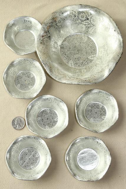 photo of art deco vintage metal nut dishes, small fluted bowls w/ silver chintz floral pattern #3