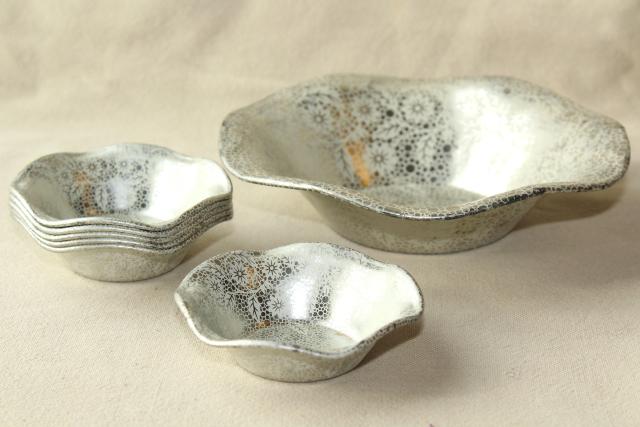 photo of art deco vintage metal nut dishes, small fluted bowls w/ silver chintz floral pattern #7