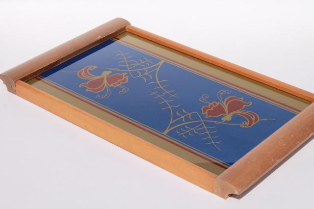 photo of art deco vintage mod blond wood tray w/ painted glass, cobalt blue, red & gold floral #2